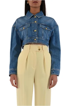 Elisabetta Franchi Jassen, Dames, Blauw, M, Denim, Geknipte denim jas met tabak stiksels