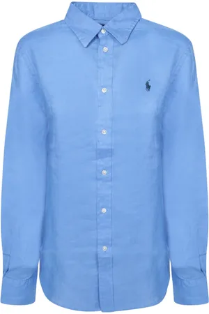 Ralph Lauren Blouses & Shirts, Dames, Blauw, S, Linnen, Blauw linnen overhemd met iconisch logo