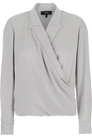 THEORY Blouses & Shirts, Dames, Grijs, L, Metallic Blouse met Peak Revers