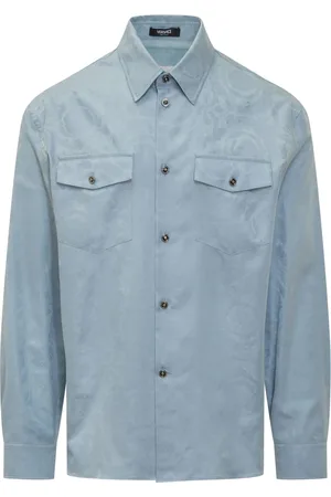 VERSACE Overhemden, Heren, Blauw, L, Katoen, Barocco Patroon Blauw Overhemd