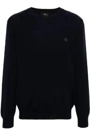 Etro Truien, Heren, Blauw, S, Wol, Pegasus Gebreide Ronde Hals Sweater