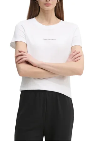 Calvin Klein Tops, Dames, Wit, S, Katoen, Witte Katoenen T-shirt met Korte Mouwen