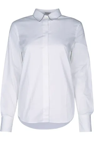 Brunello Cucinelli Blouses & Shirts, Dames, Wit, L, Katoen, Katoenen Poplin Shirt met Monili Trim