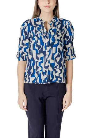 Ichi Blouses & Shirts, Dames, Blauw, XS, Geometrisch Patroon Ronde Hals Tas