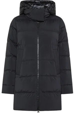 Peuterey Mantels, Dames, Zwart, L, Zwarte lange gewatteerde jas met capuchon