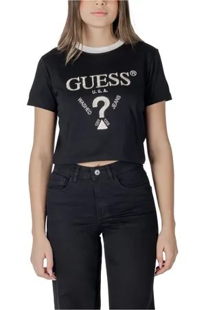 Guess Tops, Dames, Zwart, M, Katoen, Stijlvol Bedrukt Katoenen T-shirt
