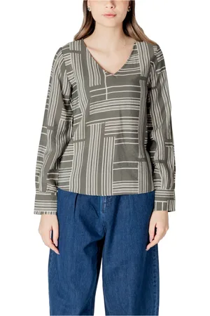 JACQUELINE DE YONG Blouses & Shirts, Dames, Groen, L, Nylon, Groene V-hals Blouse met Lange Mouwen