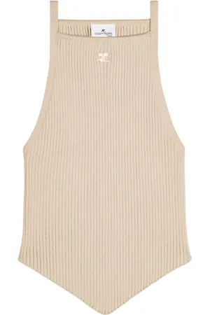 Courrèges Tops, Dames, , L, Geribbeld Gebreid Geborduurd Logo Top