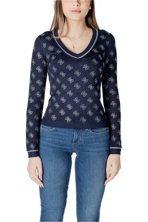 Guess Truien, Dames, Blauw, L, Chique V-hals Gebreide Trui in Blauw