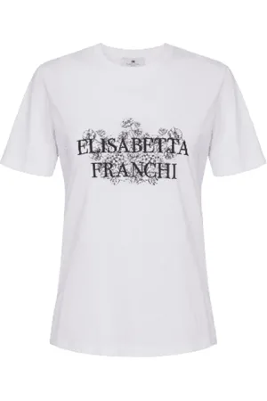 Elisabetta Franchi Tops, Dames, Wit, L, Katoen, Jersey T-shirt met Botanische Print