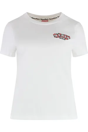 Kenzo Tops, Dames, Wit, S, Katoen, Geribbelde crew-neck T-shirt van katoen