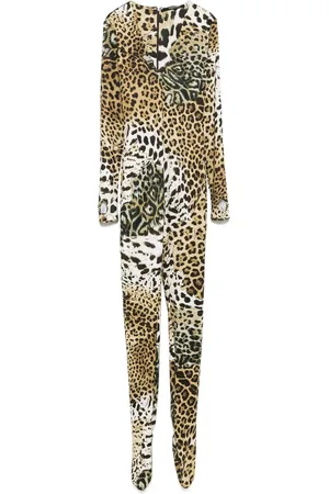 Roberto Cavalli Jumpsuits & Playsuits, Dames, Veelkleurig, M, Zwart Geel V-Hals Jumpsuit Lange Mouwen
