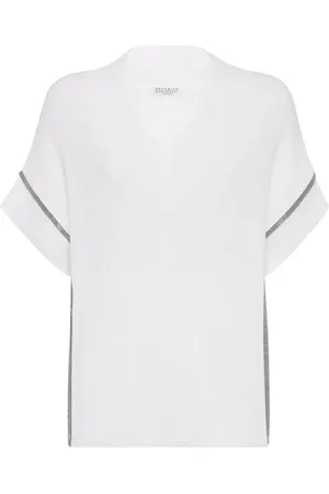 Brunello Cucinelli Truien, Dames, Wit, S, V-hals trui korte mouw lichtgewicht breisel