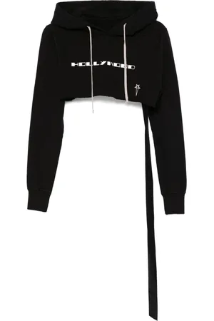 Rick Owens Sweatshirts & Hoodies, Dames, Zwart, L, Katoen, Zwarte Cropped Hoodie met Voorprint