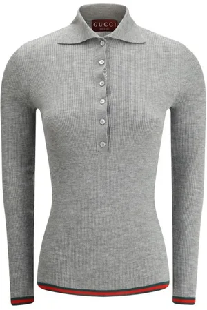 Gucci Truien, Dames, Grijs, M, Kasjmier, Ribgebreide Polo Sweater Model 670388