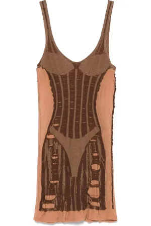 Diesel Kleedjes, Dames, Bruin, M, Chocoladebruine mouwloze jurk met transparante panelen