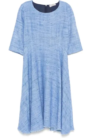 CHARLOTT Kleedjes, Dames, Blauw, L, Cerulean Zijden Jurk met Ronde Hals