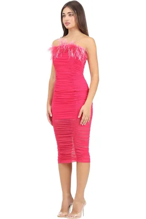 Patrizia Pepe Kleedjes, Dames, Roze, XS, Tule, Elegante Fuchsia Midi Jurk met Veren