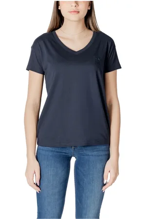 Armani Exchange Tops, Dames, Blauw, XS, Katoen, Blauw V-Hals Katoenen T-Shirt