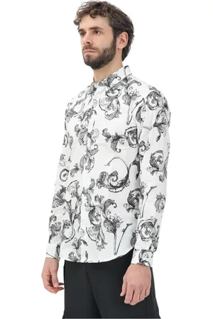 VERSACE Overhemden, Heren, Wit, M, Katoen, Barocco Outline Overhemd Lange Mouw Wit
