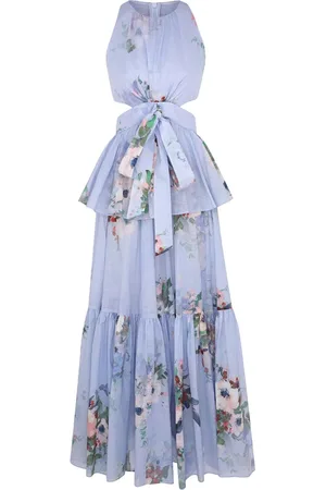 ZIMMERMANN Kleedjes, Dames, Blauw, M, Katoen, Blauwe Bloemen Midi Jurk met Strik