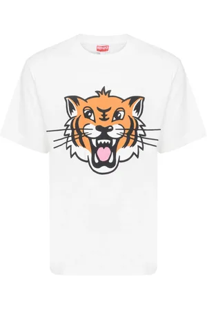 Kenzo Tops, Heren, Wit, 2Xl, Blije Tijger Klassiek T-shirt