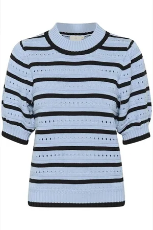 Kaffe Truien, Dames, Blauw, XS, Gestreepte Gebreide Trui Zacht Chambray/Zwart