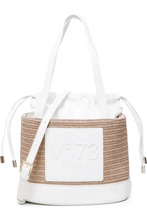 V°73 Tassen, Dames, Wit, ONE Size, Katoen, Witte Stro Mand Tas met Trekkoordsluiting