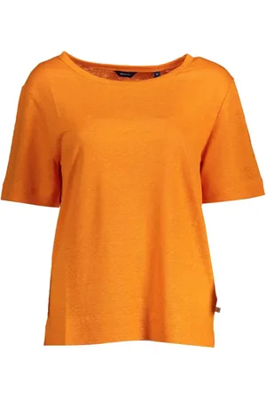 GANT Tops, Dames, Oranje, S, Linnen, Oranje Linnen Tops T-Shirt, Korte Mouwen, Wijde Halslijn, Logo