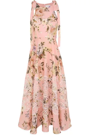 ZIMMERMANN Kleedjes, Dames, Roze, S, Leer, Roze Bloemen Geborduurde Midi Jurk