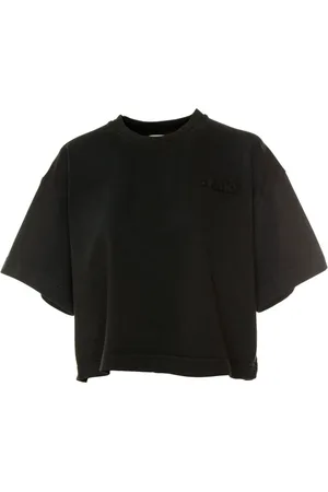 Autry Tops, Dames, Zwart, S, Katoen, Geribbelde T-shirt met logo-appliqué