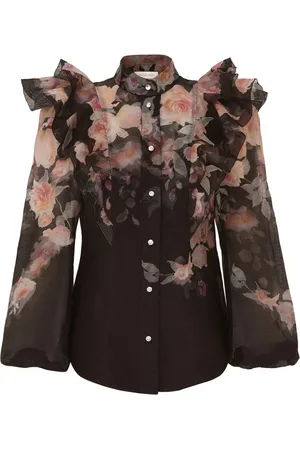 ZIMMERMANN Blouses & Shirts, Dames, Zwart, M, Linnen, Zwart Zijden Linnen Organza Gerimpeld Shirt
