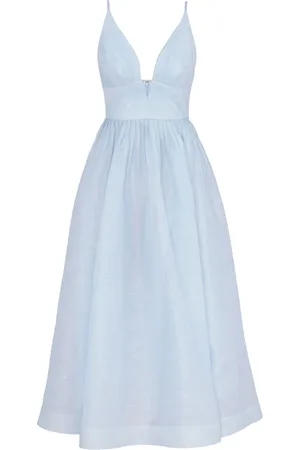 ZIMMERMANN Kleedjes, Dames, Blauw, S, Linnen, Heldere Blauwe Zijden Linnen Midi Jurk