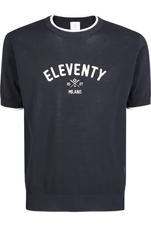ELEVENTY Truien, Heren, Blauw, L, Katoen, Geborduurd Katoenen Ronde hals T-shirt