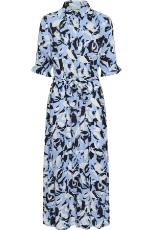 Kaffe Kleedjes, Dames, Blauw, XS, Blauwe Bloemenprint Jurk met Overhemdkraag