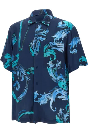 VERSACE Overhemden, Heren, Blauw, XL, Barok Patroon Blauw Teal Overhemd