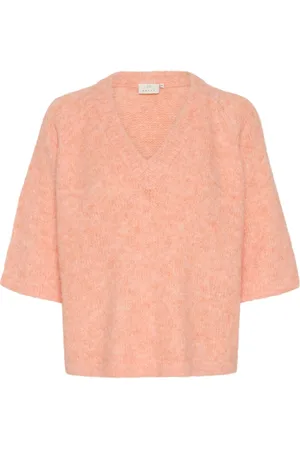 Kaffe Truien, Dames, Oranje, 2Xl, V-Neck Pullover Sweater Peach Nectar