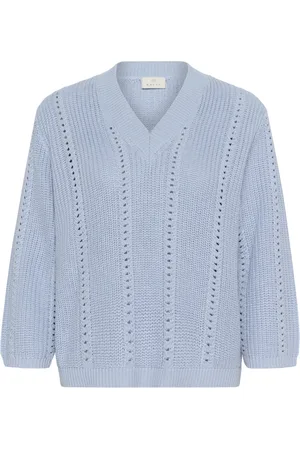 Kaffe Truien, Dames, Blauw, XS, Katoen, Zachte Chambray Gebreide Trui met Korte Mouwen