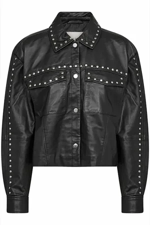 Kaffe Jassen, Dames, Zwart, L, Zwart Diep Leren Jas met Stud Details