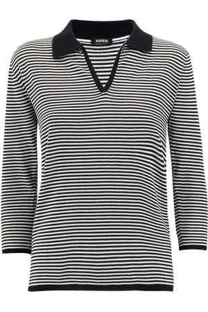 Aspesi Tops, Dames, Zwart, M, Katoen, Gestreept Buttonless Poloshirt