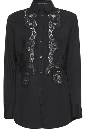 Dolce & Gabbana Blouses & Shirts, Dames, Zwart, 2Xs, Katoen, Zwart Kant Intarsia Overhemd