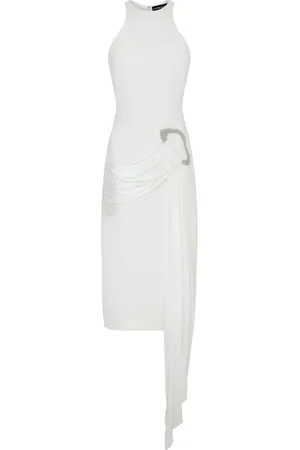 DAVID KOMA Kleedjes, Dames, Wit, S, Kristallen Gesp Midi Jurk met Gedrapeerd Detail