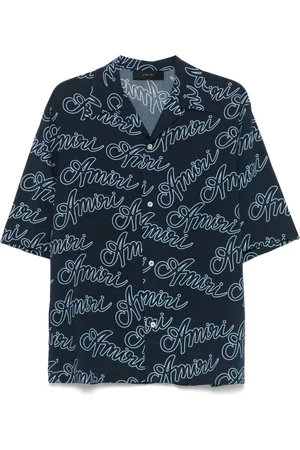 AMIRI Tops, Heren, Blauw, S, Blauw Bowling Shirt met All-over Logo