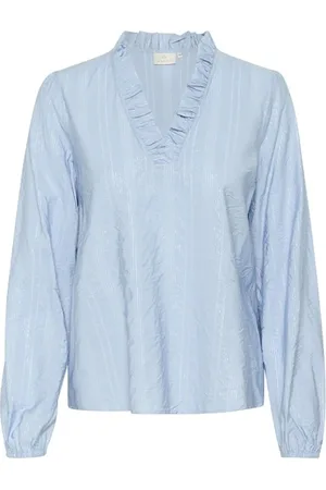 Kaffe Blouses & Shirts, Dames, Blauw, XL, Vrouwelijke Chambray Blouse met Ruche