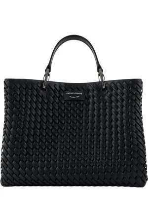 Emporio Armani Tassen, Dames, Zwart, ONE Size, Leer, Zwarte Geweven Leren Schoudertas