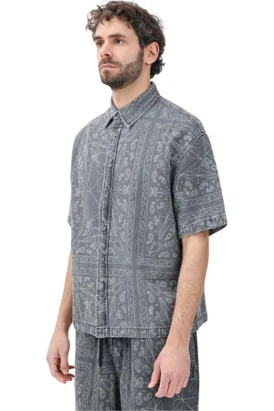 Armani Exchange Overhemden, Heren, Grijs, XL, Katoen, Grijze Bandana Korte Mouw Overhemd
