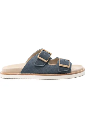 Brunello Cucinelli Schoenen, Heren, Blauw, 44 EU, Suède, Canvas en suède gesp slides