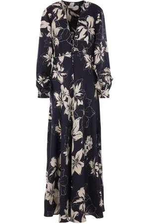 RAQUEL DINIZ Kleedjes, Dames, Blauw, S, Zijden jurk met bloemenprint en V-hals