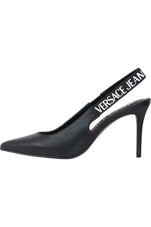 VERSACE Schoenen, Dames, Zwart, 37 EU, Leer, Zwarte Hak Slingbacks Institutioneel Logo