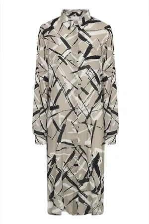 Kaffe Kleedjes, Dames, Grijs, XS, Katoen, Abstract Print Overhemdjurk Veergrijs/Zwart